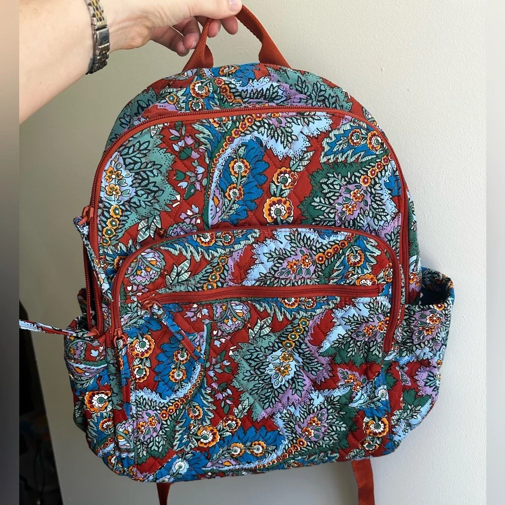 Vera Bradley Red Paisley Quilted Backpack with Blue, Green, Purple Accents